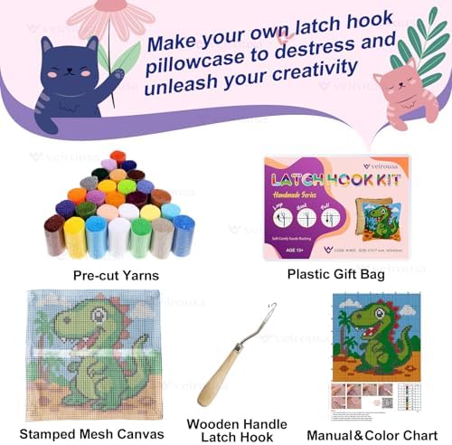 veirousa Latch Hook Kits for Adults, DIY Cartoon Dinosaur Pillow & Rug Craft Kit for Beginners, Animal Handmade Yarn Art, Relaxing Home Sofa Decor Gift 17x17 Inch - Image 3