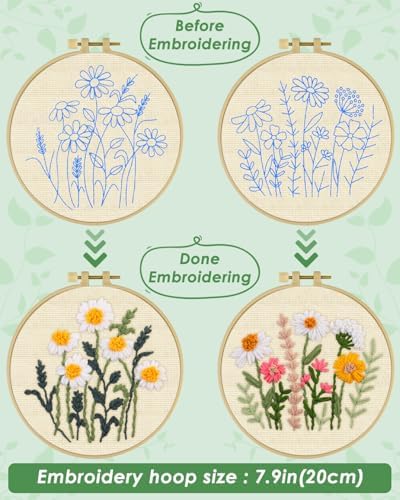 ERKOON Punch Needle Kit Adults Beginners, 2 Pcs DIY Easy Flower Embroidery Set for Starter Art Craft, Needling Punching Project with Patterns, Tools, Yarns, Hoop, Instruction (Daisies) - Image 3