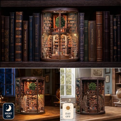 Book Nook Kit for Bookshelf —Tree of Wisdom Library 3D Wooden Puzzle, DIY Miniature Dollhouse with LED Lights, Fantasy Book Shelf Insert Decor (Tree of Wisdom Library) - Image 5