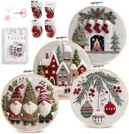 Santune Christmas Embroidery kit,Fall Needlepoint Cross Stitch Kits for Beginners Adult,Needle Point Sets,4 Embroidery,2 Hoops,Christmas Ornaments by Santune