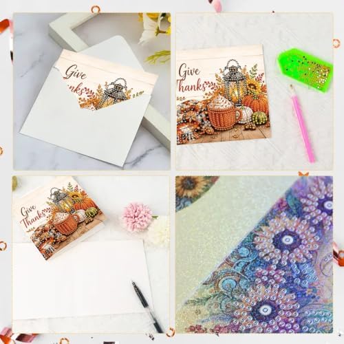 BAYUNOE 6Pcs Thanksgiving Greeting Card DIY Diamond Art Painting Greeting Cards Special Shaped Diamond Autumn Blessing Folding Card Kit Arts Crafts for Birthday Festival-Thanksgiving - Image 5