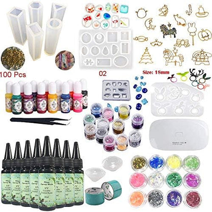 VidaRosa 8X Resin Kit with Molds Pigment Lamp, 8X UV Resin Crystal Clear 10 Molds 17 Bezels 13 Color Liquid Pigment 24 Shining Glitter + Portable UV Lamp Tweezers for Making Crafts Jewelry Pendants by VidaRosa
