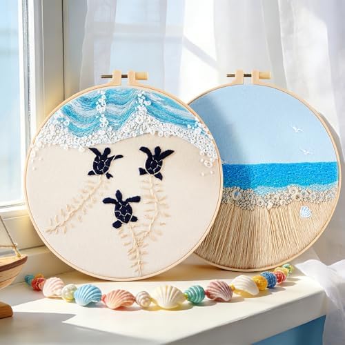 Embroidery Kit for Beginner Adults, Stamped Cross Stitch kits for Adults Beginners, Ocean Hand Embroidery Starter Needlepoint Kit, 2 Set Embroidery Supplies, 2 Hoops (Attached Teaching Video QR Code) - Image 2