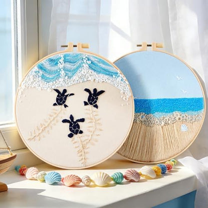 Embroidery Kit for Beginner Adults, Stamped Cross Stitch kits for Adults Beginners, Ocean Hand Embroidery Starter Needlepoint Kit, 2 Set Embroidery Supplies, 2 Hoops (Attached Teaching Video QR Code) - Image 2