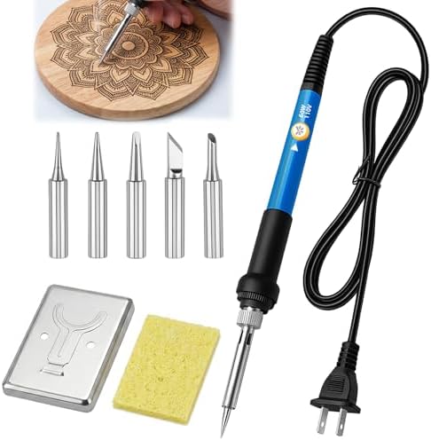 Wood Burning Tool, Adjustable 6 Temperature Pyrography Tool, 60W Iron with 5 Tips & Sponge for DIY Wood Crafts, Wood Art & Pyrography, Ideal for Detailed Shading & Designs (Iron, 6-Piece Set) by Unknown