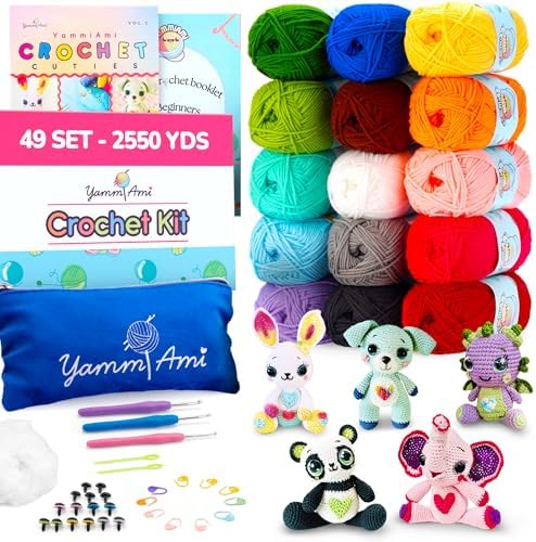 YammiAmi 2,550 Yards Beginner Crochet Kit for Adults - 15 Large Single Color Yarn Skeins - 49 Pc Amigurumi Crochet Kit for Starters - Learn to Crochet with Instruction Book - Accessories Set by YammiAmiCompleteCrochetKits