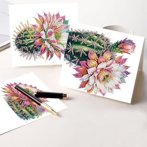 Tontut 6pcs Diamond Art Painting Kit Greeting Card, Cactus Flower 5D DIY Diamond Handmade Holiday Glitter Greeting Card with Envelope, Holiday Gift Congratulation - Image 6