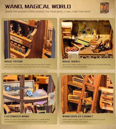 Spilay DIY Miniature Book Nook Kit, Dollhouse Tiny House Model Build Bookshelf Decor, Bookends Model Kit with dust Cover & LED for Teens and Adults Gifts(Magic Shop) - Image 3