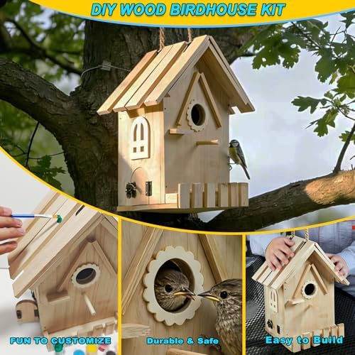 Wooden Bird Houses Kit for Kids and Adults, DIY Craft for Adults with Paint Set, Art Craft Outdoor Birdhouse, Hanging Birdhouse for Garden Yard Decor (1 Pack) - Image 5