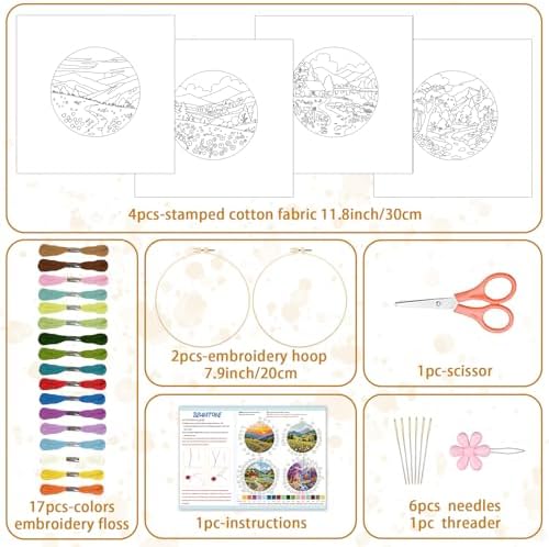 BEUNITONE 4 Set Fairy Tale Landscape Embroidery Kit for Beginners 7.9"x7.9" Pre-Stamped Pattern Needlepoint Kits with Hoop, Tools & Instruction, Handamde Embroidery Kits for Fabric and Home Decor - Image 2