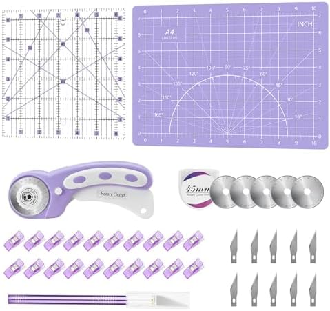 Headley Tools 39 Pcs Rotary Cutter Set - Quilting Kit incl. 45mm Fabric Cutter with 5 Extra Blades, A4 Cutting Mat, 2 Craft Knife Set, Sewing Clips, Ideal for Crafting, Sewing, Patchworking Purple by HeadleyTools