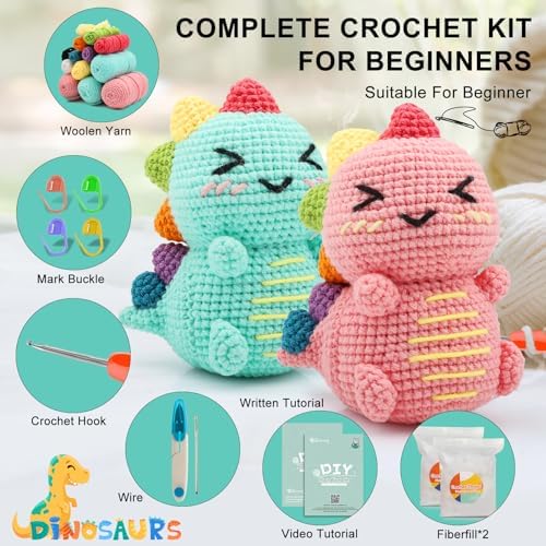 Faircosy Dinosaur Crochet Kit for Beginners: 2PCS Crochet Animal Kits for Adults - Learn to Crocheting Cute Amigurumi Starter Kit with Written Pattern & Video Tutorials (40%+ Yarn Extra) - Image 2