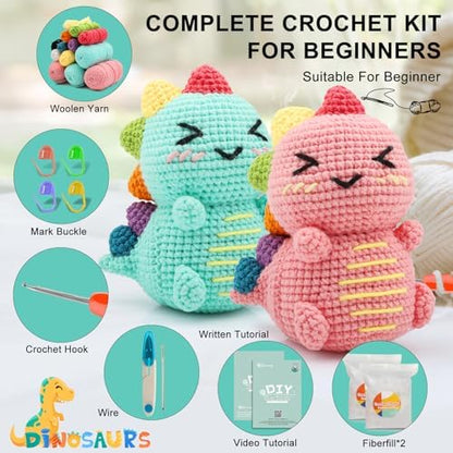 Faircosy Dinosaur Crochet Kit for Beginners: 2PCS Crochet Animal Kits for Adults - Learn to Crocheting Cute Amigurumi Starter Kit with Written Pattern & Video Tutorials (40%+ Yarn Extra) - Image 2