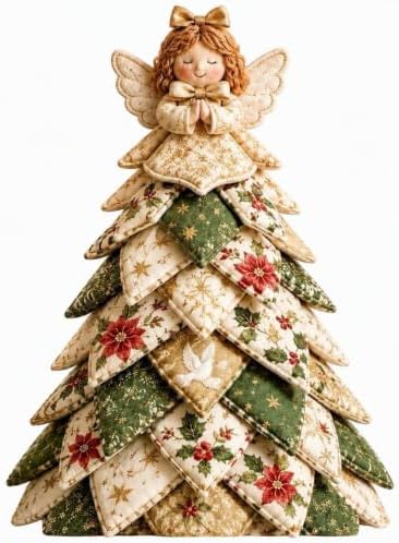Quilted Christmas Tree Kit – Pre-Cut Fabric & Foam Cone DIY Tabletop Decoration with Tree Topper, No-Sew Holiday Craft Kit for Adults & Kids, Christmas Tree Decorations for Home, Party & Gifts (set9) by Unknown