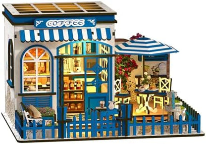 DIY Miniature House Kit, Coffee Shop Book Nook Kit, Mini Building Kit, Dollhouse Kit for Adults and Teens, 3D Wooden Puzzles with LED Light, Craft Kit for Family and Friends(Sunny Coffee Shop) by ANTREATU