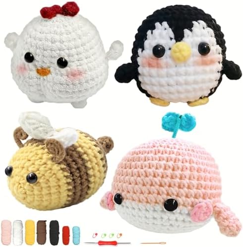 YAMAXIN Crochet Kit for Beginners Adults – 4PCS Animal Amigurumi Yarn Craft Kit with Hooks, Tools & Video Tutorials – DIY Crochet Starter Set (Chick, Whale, Penguin, Bee) by YAMAXIN