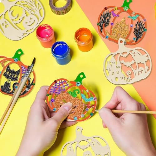 80PCS Wooden Halloween Decoration Pumpkins Ornaments to Paint Happy Halloween Cutouts Unfinished, DIY Blank Unfinished Ghost Spider Web Black Cat Trick or Treat Boo Ornament for Home Crafts Hanging - Image 3