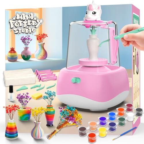Mini Pottery Wheel for Kids - Pottery Painting Craft Kit with 2.3in Turntable, Clay, Flowers, Mess Free Arts and Crafts for Kid Ages 8-12, Birthday Christmas Gift Toy for Girls Ages 6-12+, Pink by WwzzeyToy