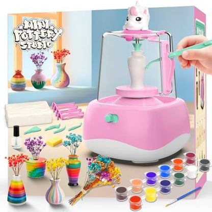 Mini Pottery Wheel for Kids - Pottery Painting Craft Kit with 2.3in Turntable, Clay, Flowers, Mess Free Arts and Crafts for Kid Ages 8-12, Birthday Christmas Gift Toy for Girls Ages 6-12+, Pink by WwzzeyToy