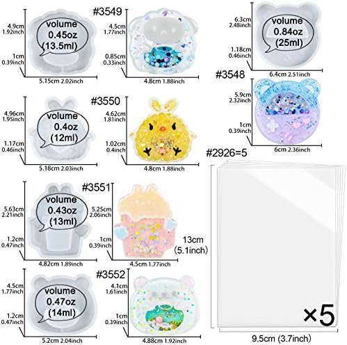 FUNSHOWCASE Epoxy Resin Shaker Molds Set Jewelry Casting Supplies, Bear, Chick, Sheep, Beer Mug, Game Console 5 Silicone Trays with 5 Seal Films, Height 2-2.4inch - Image 2