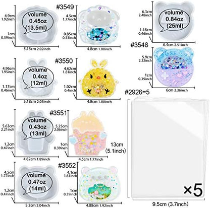 FUNSHOWCASE Epoxy Resin Shaker Molds Set Jewelry Casting Supplies, Bear, Chick, Sheep, Beer Mug, Game Console 5 Silicone Trays with 5 Seal Films, Height 2-2.4inch - Image 2