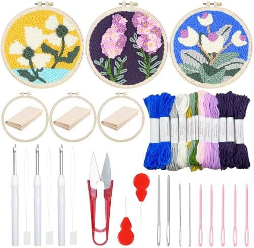Woohome Punch Needle Kit Included Plastic Hoops, Punch Needle Cloth, Color Yarn and Punch Needle Tools for Adults, Beginners (White and Purple Flowers) by Woohome