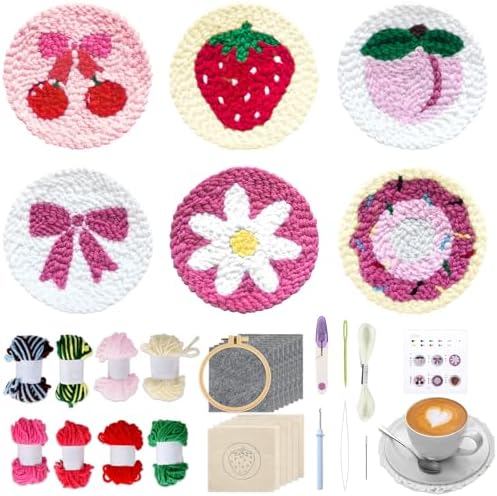 Pink Punch Needle Coaster Kit Strawberry Bow Floral Pattern Coasters Easy Punch Needle Embroidery Kit for Adults Beginner DIY Tufted Pads with Adhesive Felt Yarns Tools Embroidery Hoop Instruction by ojustbeok