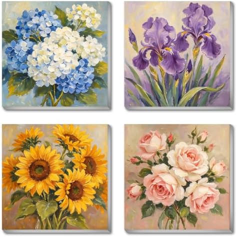 Canrichshop 4 Pack Retro Paint by Numbers for Beginner with Frame,Flowers Adult Paint by Number Kits on Canvas, DIY Number Painting for Adults for Decor 8X 8 inch by Canrichshop