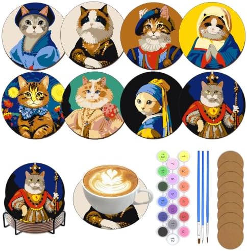 DPARTGMJT 8 Pack Cats Paint by Numbers Kits Coasters with Holder Cork Pads by Unknown