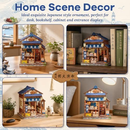 DIY Miniature Dollhouse Kit for Beginners, Fish Shop 3D Wooden Puzzle, 129 PCS, Palm Size Mini House Model Building Kit, Japan Booknook Diorama Kit, Bookshelf Home Decor, Adult Crafts Gift - Image 6