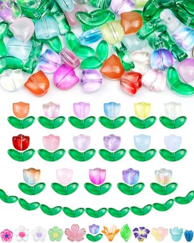 FIVEIZERO Flower Charms, 340PCS Glass Tulip Flower Beads, 17 Colors by FIVEIZERO