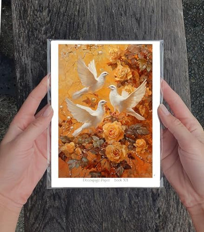 Decoupage Paper Pack (35 Sheets 6"x8") Doves and Roses: Elegant White Doves paired with Vibrant Yellow Roses, Set Against Soft and Calming Pastel Backgrounds FLONZ Vintage - Image 3