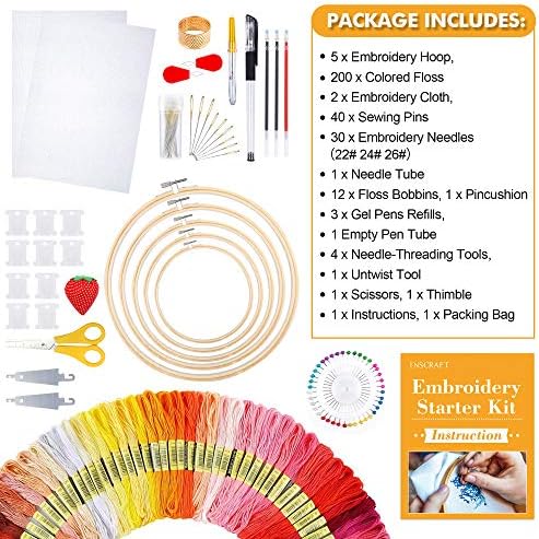 INSCRAFT 304 Pack Embroidery Kit, 200 Colors Threads, 5 Pcs Bamboo Embroidery Hoops, 2 Pcs Aida Cloth, Instructions, Bag and Cross Stitch Tools Set, Hand Embroidery Starter Kit for Beginners Adults - Image 3