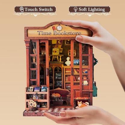 Book Nook Kit – DIY Miniature House 3D Puzzle with LED, Time Bookstore Dollhouse Kit for Adults & Teens, 259-Piece Library Model for Bookshelf Decor, Gifts for Family Friends - Image 5