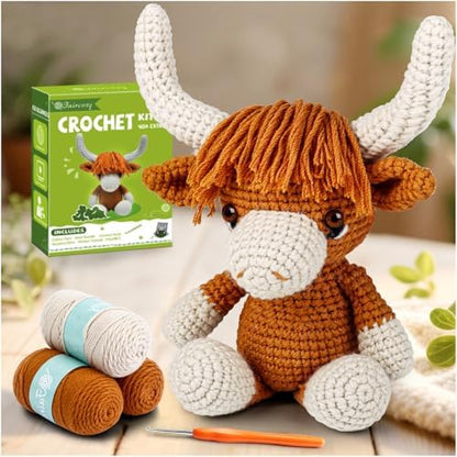 Faircosy Learn to Crochet Beginner Kit: All in One Highland Cow Crochet DIY Kit with Yarn, Crochet Hooks, Video Guide - Make Adorable Cow for Women, Teens & Adults - Great Learning Craft Gift by Faircosy