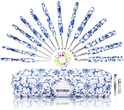 BCMRUN Crochet Hooks Set with Case 14 Size Blue and White Porcelain Pattern for Arthritis Hands, 2.25mm(B)-10mm(N) Crochet Needles for Beginners, Mothers Day Gift, Crochet Lovers (Azure) by BCMRUN