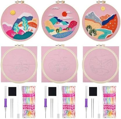Allazone 3 Set Punch Needle Embroidery Kits, Punch Needle Kits for Adults Beginner, Punch Needle Tool with Punch Needle Cloth, Yarns and Sewing Needles (Sunset and Mountains) by Allazone