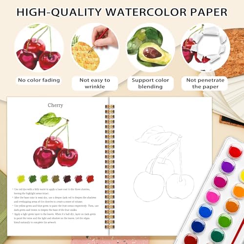 Easy Fruit-Themed Watercolor Workbook for Beginners, Water Coloring Book, 12 Different Patterns of DIY Designs, 18 Colors Watercolor Paint Set, Stress Relieving Relaxing Art Gift for Adulta Teen - Image 3