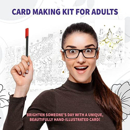 SpiceBox Mindful Adult Coloring DIY Greeting Cards Set, Card Making Kits for Holiday Christmas, Valentine’s Day, Mother’s Day, Thank You, with Markers, Gel Pens, and Calligraphy Pen, Hobby Kits - Image 2