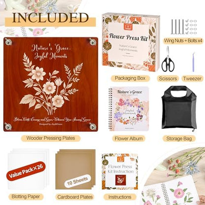Joy&Grace Large Flower Press Kit for Adults with Designed Cover and DIY Album, 10.9" x 10.9" 10 Layers Plant Press and Plant Drying Toolkit, Flower Preservation Kit (Color Box, Mahogany Color) - Image 3