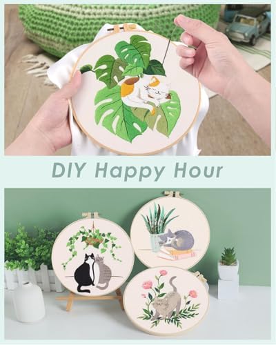 ERKOON 4 Sets Embroidery Kit for Beginners,Hummingbird and Flower Cross Stitch Set for Include Embroidery Cloth Hoops Threads for Craft Lover Hand Stitch (Cat) - Image 4