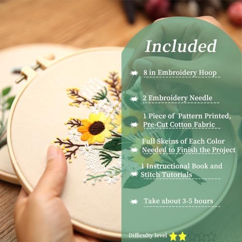 FONNUY Embroidery Kit for Beginners，Plants Flowers Pre-Stamped Pattern Kits for Adults with Hoop, Easy to Follow Needlework (Sunflower) - Image 2