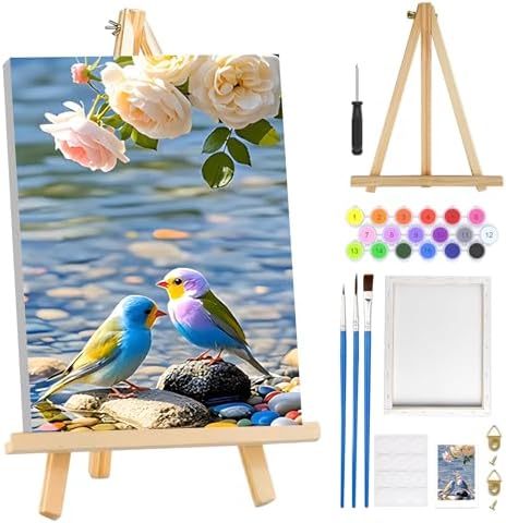MOGTAA Paint by Numbers Kit for Adults with Frame, Birds Paint by Number Canvas, Flowers Scenery Paint by Numbers with Easel, DIY Animal Oil Painting Kit for Home Wall Decor 8 x 12 Inch by MOGTAADIYHomeDecor