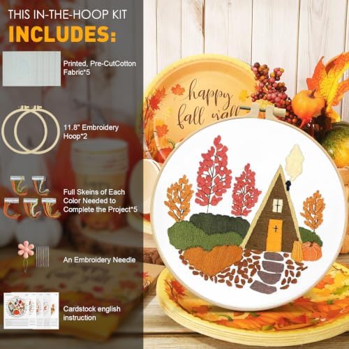 5 Sets Fall Embroidery Kit for Beginners Adults Embroidery Starter Kit Mushroom Maple Leaf Autumn Cross Stitch Kits Embroiderys Needlepoint Kits Include Instruction 2 Hoops Color Threads Needles - Image 3