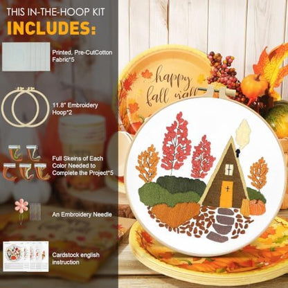 5 Sets Fall Embroidery Kit for Beginners Adults Embroidery Starter Kit Mushroom Maple Leaf Autumn Cross Stitch Kits Embroiderys Needlepoint Kits Include Instruction 2 Hoops Color Threads Needles - Image 3
