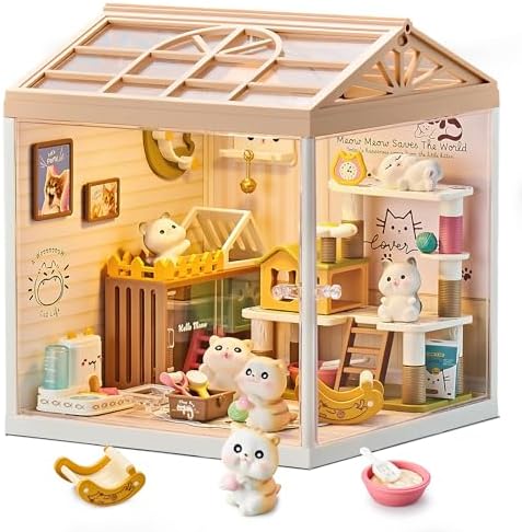 DIY Miniature Cat Playroom House Kit, Mini Dollhouse Craft Set by Qudify