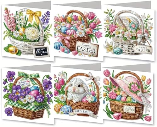 6Pcs Easter Greeting Card DIY Diamond Art Painting Greeting Cards Special Shaped Diamond Blessing Folding Card Kit Arts Crafts for Holiday Festival-Flower Baskets by BAYUNOESparkDiamondCraft