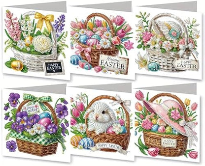 6Pcs Easter Greeting Card DIY Diamond Art Painting Greeting Cards Special Shaped Diamond Blessing Folding Card Kit Arts Crafts for Holiday Festival-Flower Baskets by BAYUNOESparkDiamondCraft