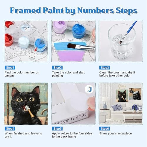 Clendo 4 Pack Black Cat Paint by Numbers Kit for Adults with Frame - Animals in Bathtub Adult Paint by Number Kit DIY Oil Painting Kits for Home Wall Decor 8x8 Inch - Image 6