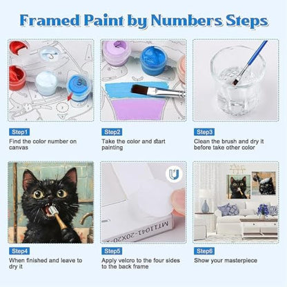 Clendo 4 Pack Black Cat Paint by Numbers Kit for Adults with Frame - Animals in Bathtub Adult Paint by Number Kit DIY Oil Painting Kits for Home Wall Decor 8x8 Inch - Image 6
